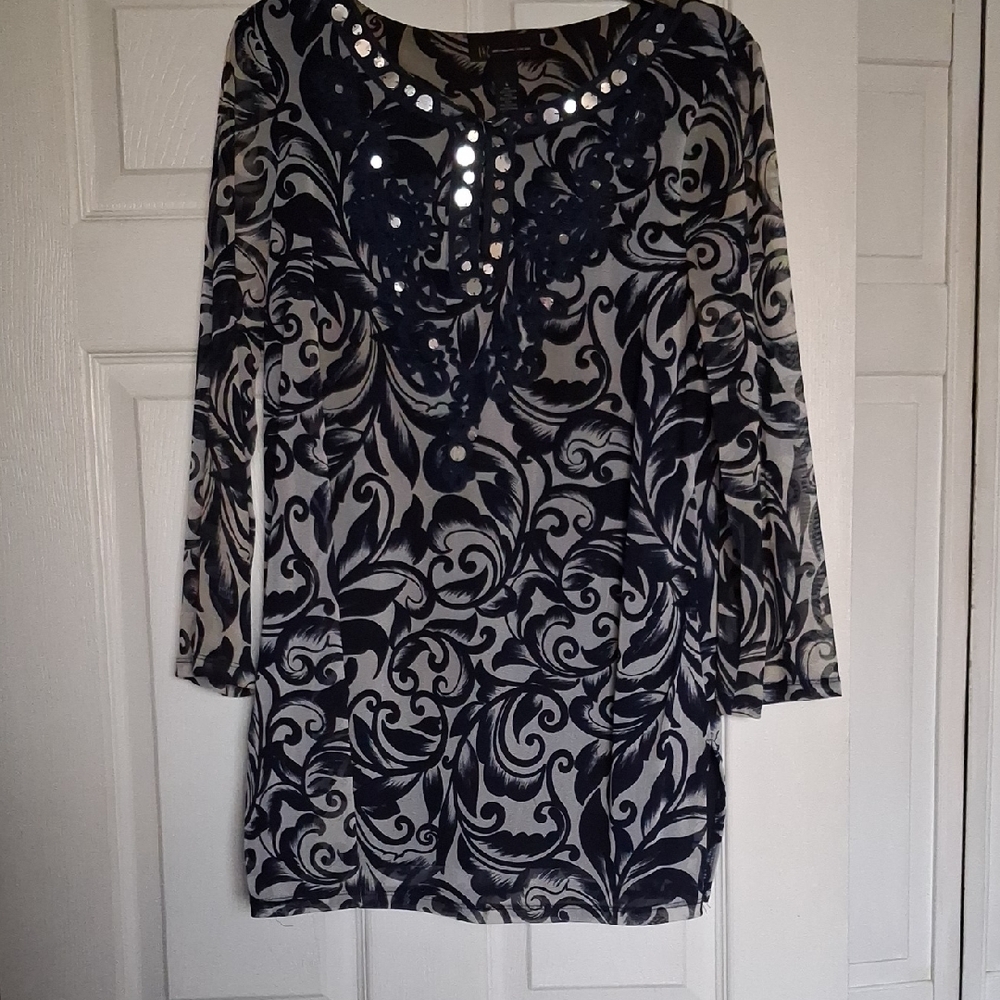 Elegant Navy Blue Patterned Women's Tunic Top